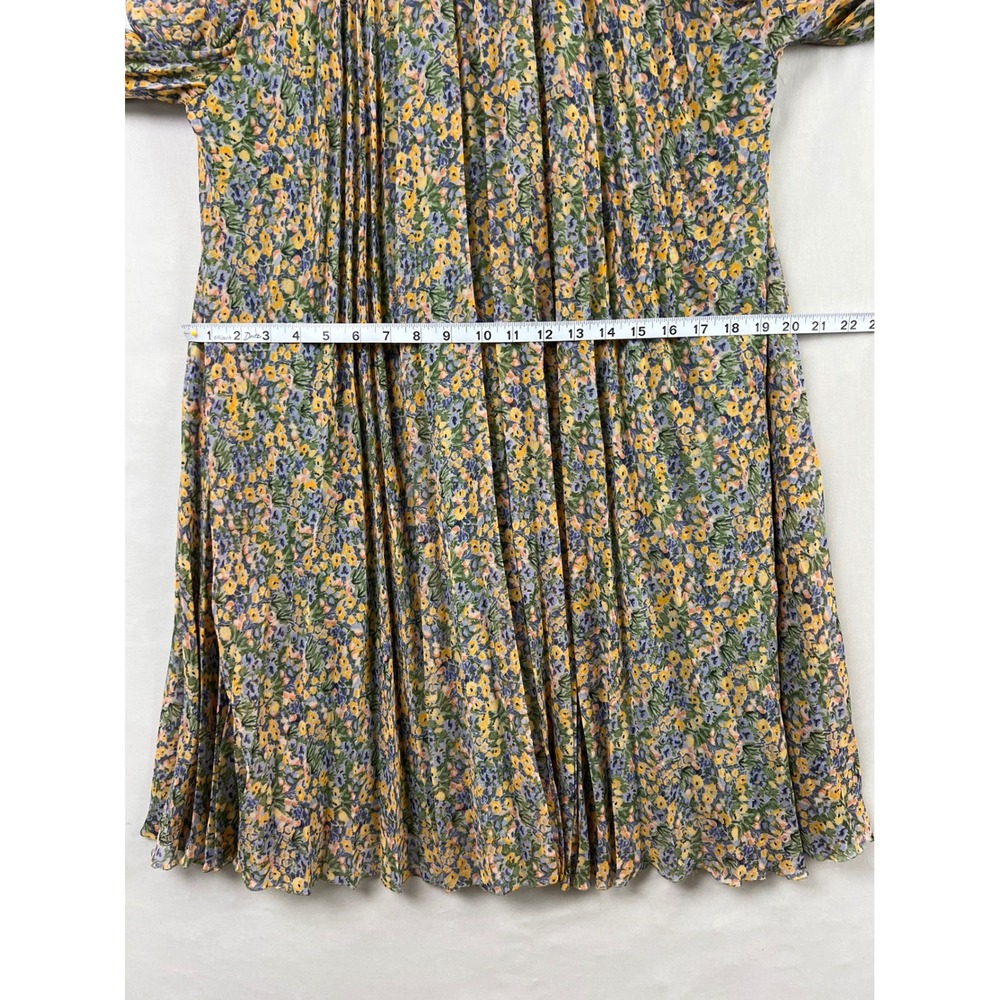 Zara Mini Dress Womens XS Green Floral Pleated Shift Tie Neck Cottage Core - Picture 8 of 11
